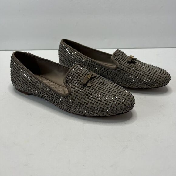 Tory Burch 7M Chandra Sparkle Smoking Slipper Loafer Crystal Studs Bow Taupe - Picture 4 of 8